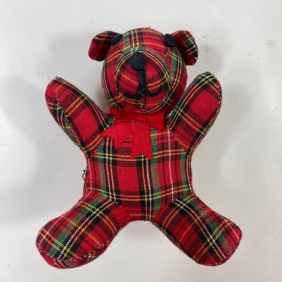 Ornamet Set Red Green White Tartan Plaid Mini Teddy Bear Bow Red Crayon - Picture 4 of 13